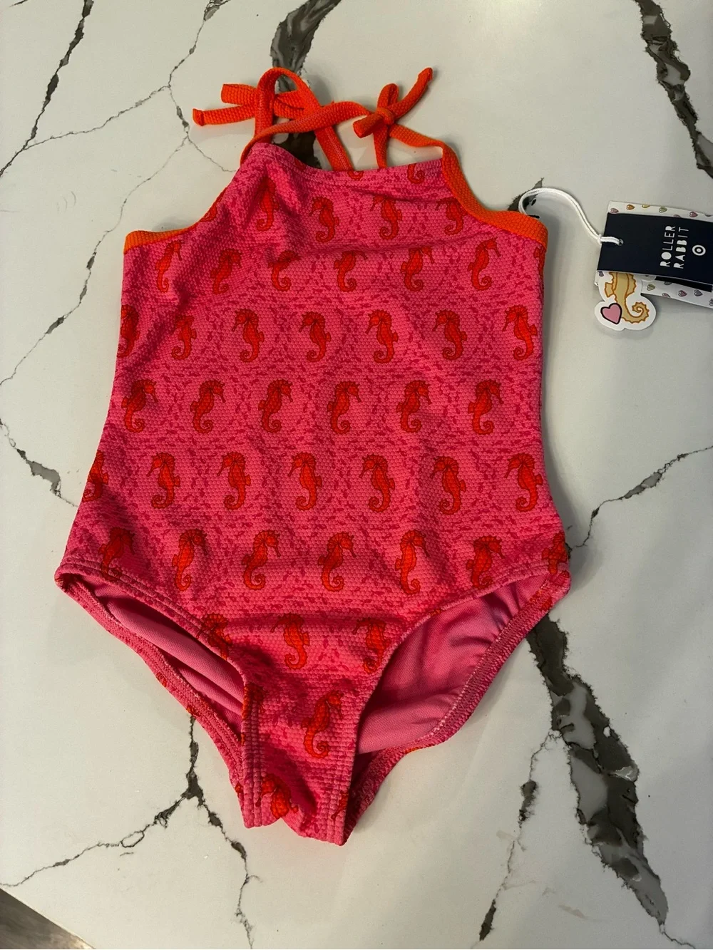 Roller Rabbit Pink & Orange Seahorse Tie-Shoulder One-Piece Swimsuit